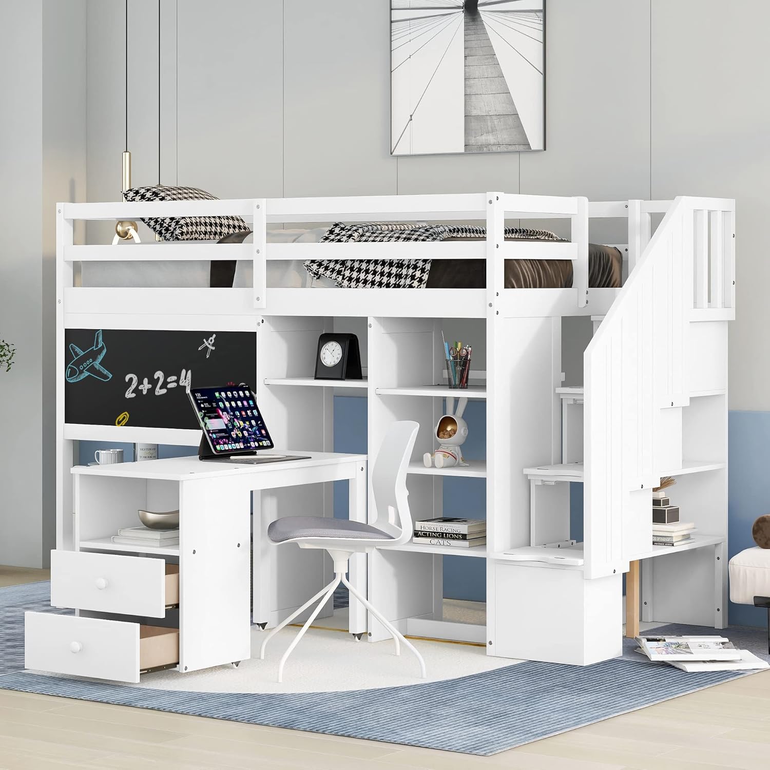 Twin Size Solid Wood Loft Bed with Stairs and Desk M3482