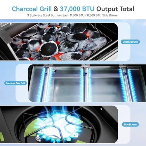 3 Burner Propane Gas and Charcoal Grill Combo with Side Burner, 37,000 BTUs 685 SQIN Dual Fuel Outdoor BBQ Grill F986302