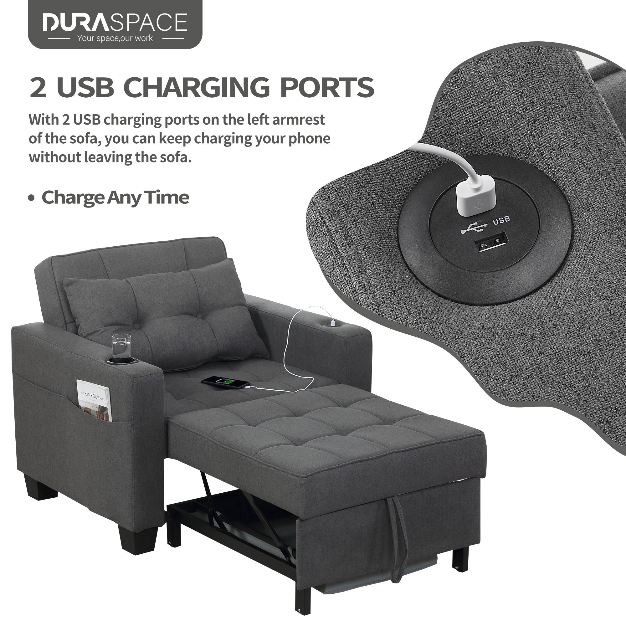 Dark Gray Linen Futon Chair Bed S5445