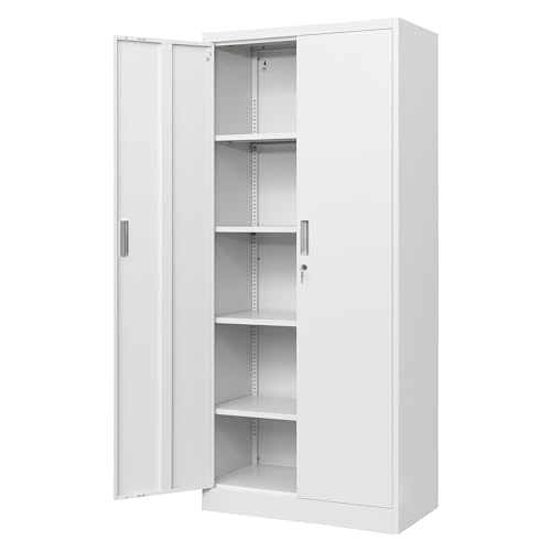 Metal Storage Cabinet with 2 Doors and 5 Adjustable Shelves, 71” White Locking Steel Tool Cabinet B7727