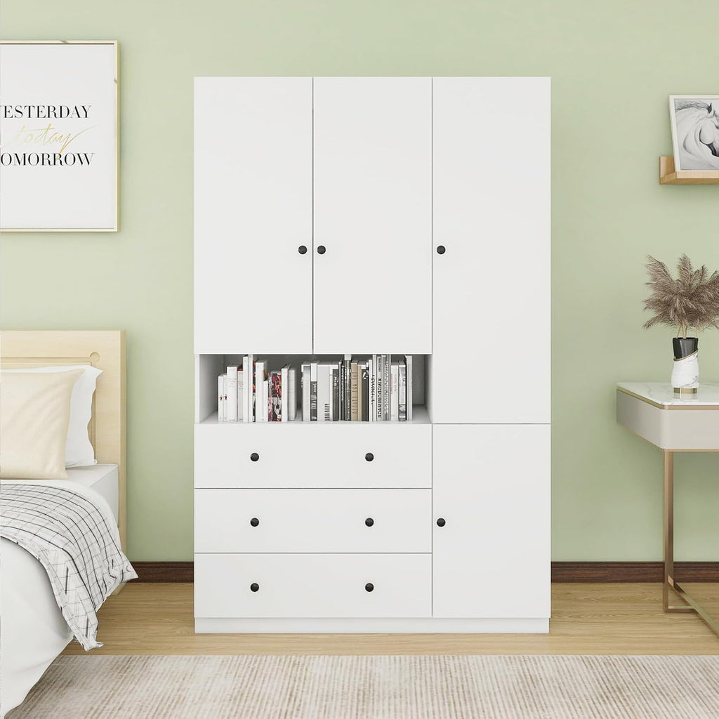 White 3-Door Armoire Wardrobe with 3 Drawers and Hanging Rod T933