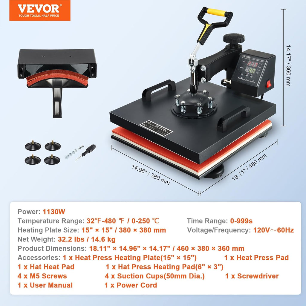 15x15 Heat Press Machine with Hat Press, 360° Swing Away Digital Tshirt Press Machine E75243