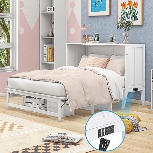 White Queen Size Murphy Bed with Bookcase I5350