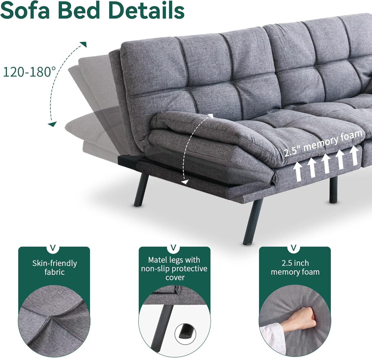 Gray Memory Foam Convertible Sofa Bed C545