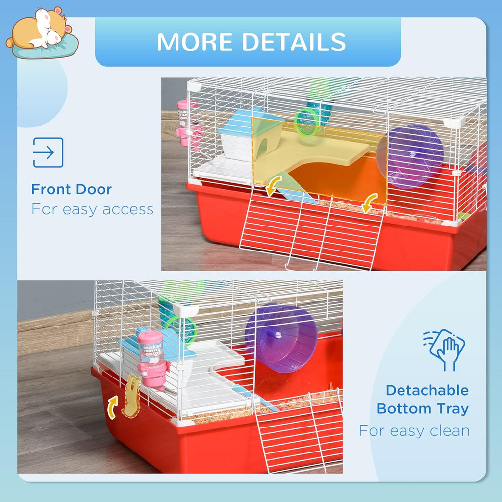 Large 2-Level Steel Hamster Cage with Tubes and Tunnels, Includes Exercise Wheel, Water Bottle, Food Dish, 23" x 14" x 14", Red I723