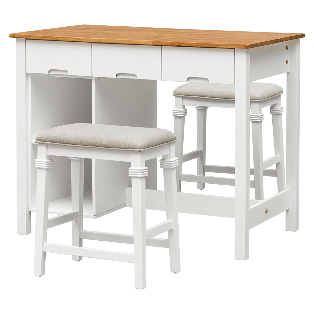 White 3-piece Rubber Wood Kitchen Island Set with 2 Shelves and 3 Drawers M6553