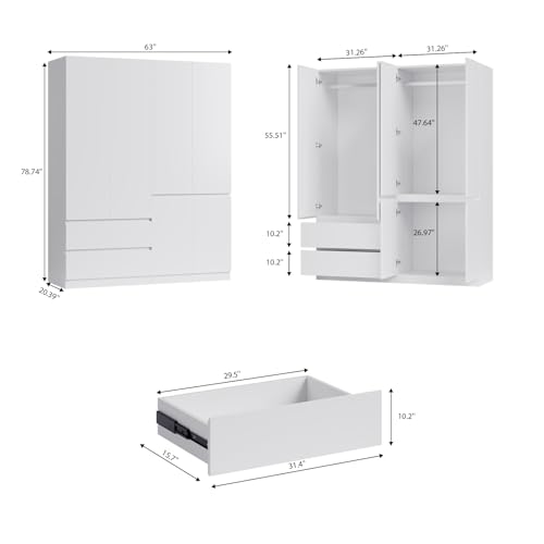White 4 Door 2 Drawers Wooden Armoire Wardrobe Q95361
