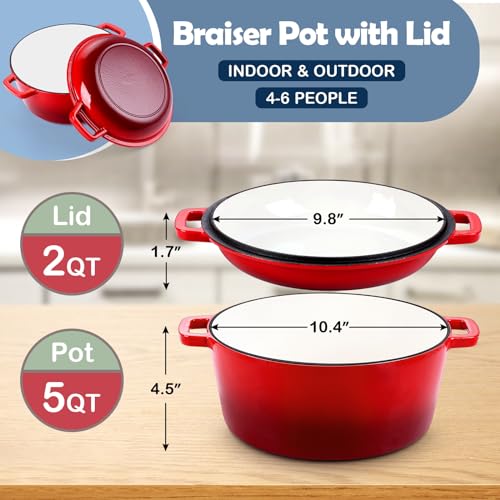 Red 5 QT Enameled Cast Iron Dutch Oven with 2 Quart Skillet Lid Pan Y820