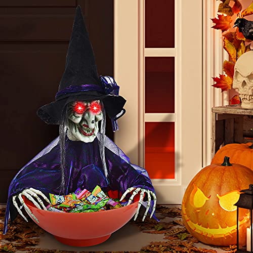 Halloween Candy Bowl Witch Decorations Animated LED Lights Sound Activated E125