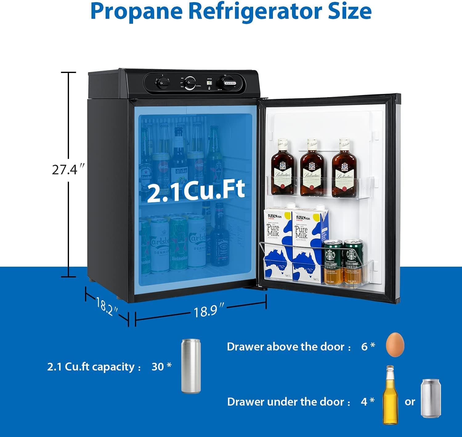 Black 2.1 Cu.Ft Propane Refrigerator 3 Way 120V 12V LPG K85635