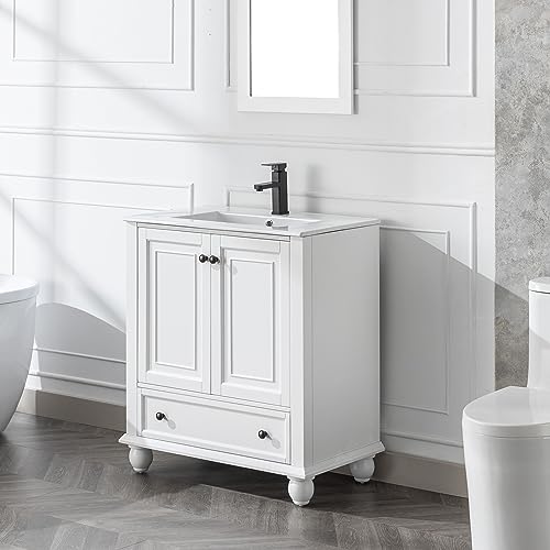 30" Bathroom Vanity Sink Combo with Painted Solid Wood Construction, Undermount Ceramic Sink with Matte Black Faucet & Drain, Pure White X237371