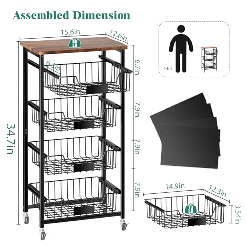 4-Tier Rolling Storage Cart with Pull-Out Baskets and Wood Top K927079