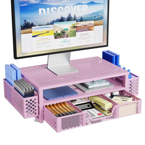2 Tier Metal Monitor Stand with Drawer and Pen Holder, Black U498144