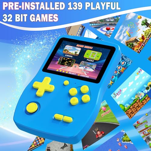32 Bit Handheld Games with 139 Video Games 3.0 Inches IPS Screen Rechargeable Gaming Device (Blue) W133