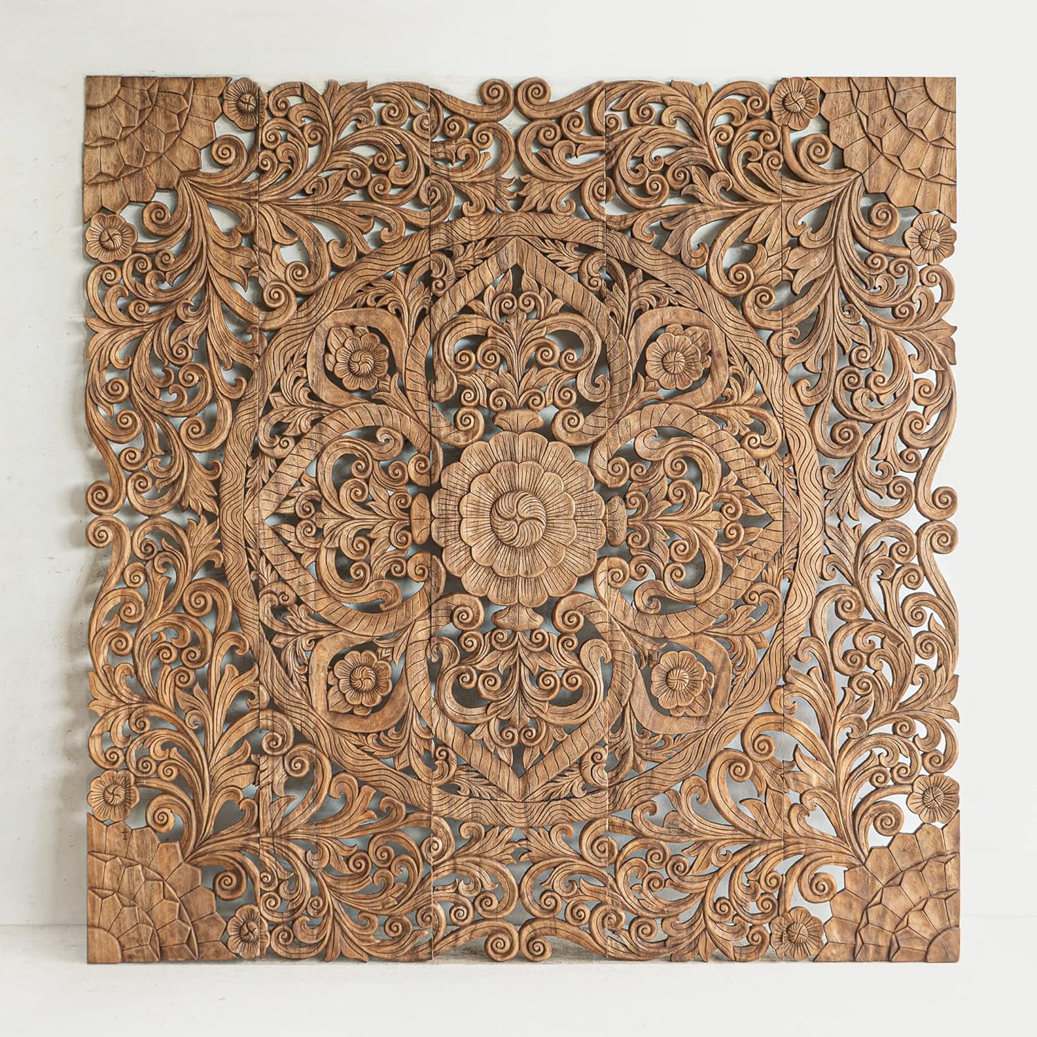 Brown Texas King Size Wood Carved Hanging Headboard F31679