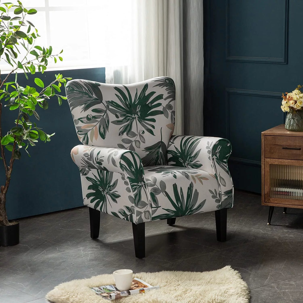 Green Floral Upholstered Fabric Wing Back Arm Chair with Wood Legs N117413