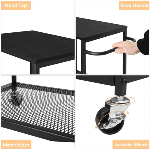 3 Tier Mesh Utility Storage Cart with Wood Look Top and Metal Frame K890054