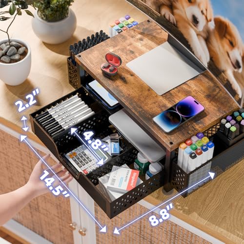2 Tier Metal Monitor Stand with Drawer and Pen Holder, Black U498144