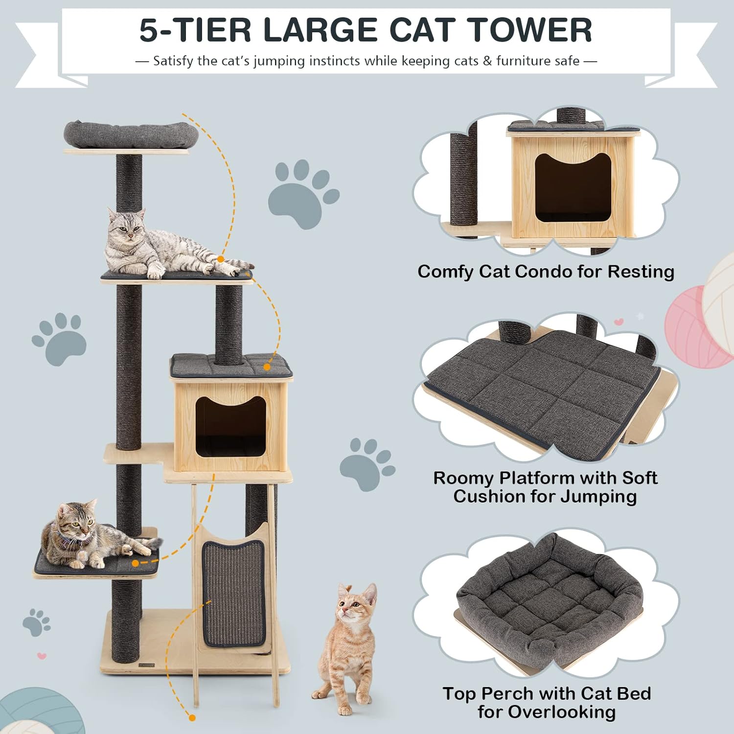 Grey Wooden Cat Tree with Sisal Posts & Scratch Board L985