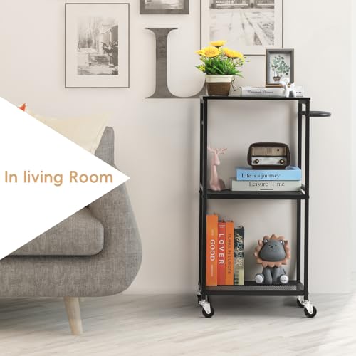 3 Tier Mesh Utility Storage Cart with Wood Look Top and Metal Frame K890054