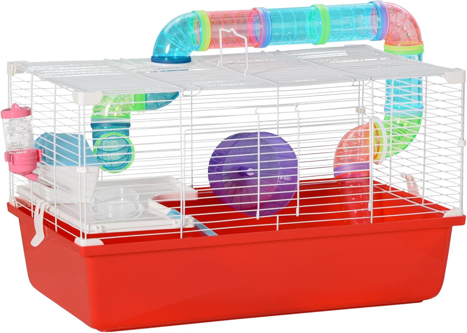 Large 2-Level Steel Hamster Cage with Tubes and Tunnels, Includes Exercise Wheel, Water Bottle, Food Dish, 23" x 14" x 14", Red I723
