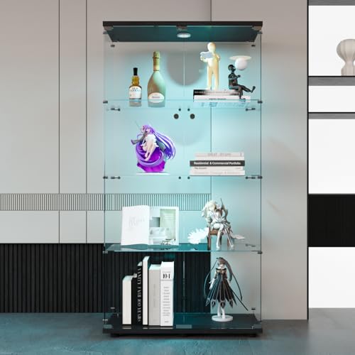 Black 4 Shelves Glass Display Cabinet with Light and Lock Z8177