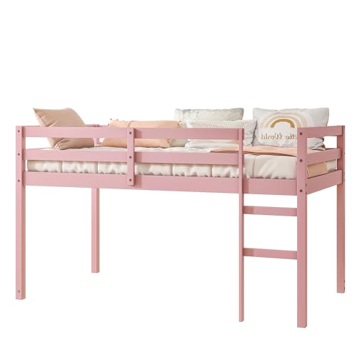 Twin Size Solid Wood Loft Bed Frame with Ladder and Safety Guardrail (White) P903