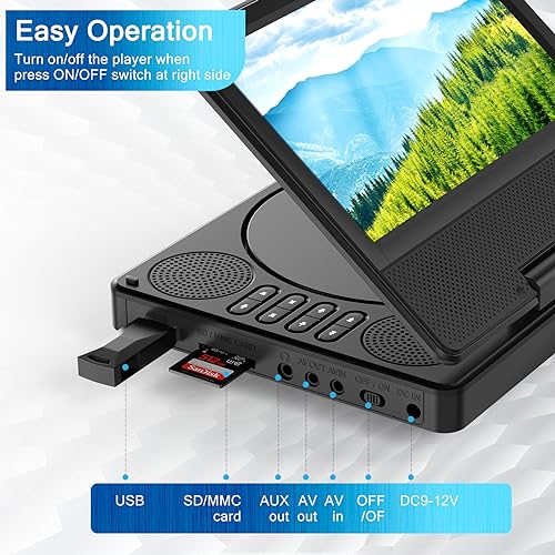 9.5" Portable DVD Player with 7.5" Swivel Display Screen, 5-Hour Built-in Rechargeable Battery, Black Z187199