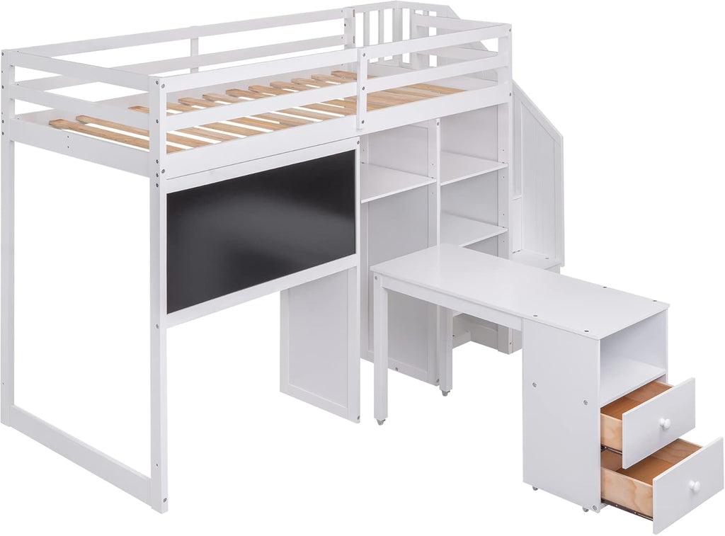 Twin Size Solid Wood Loft Bed with Stairs and Desk M3482