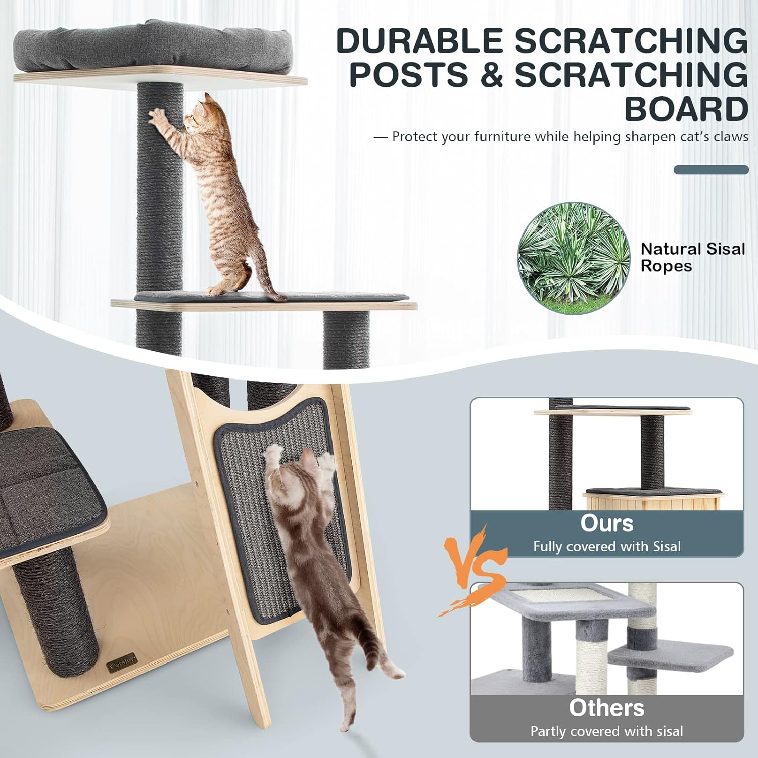 Grey Wooden Cat Tree with Sisal Posts & Scratch Board L985