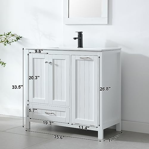 White 36" Bathroom Vanity with Sink and Laundry Hamper, 2 Doors, 1 Drawer C2910