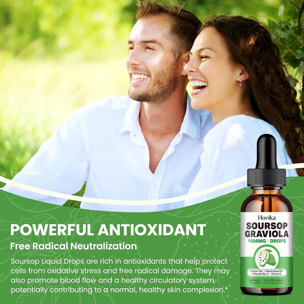 Soursop Graviola Liquid Drops 1500mg with Green Tea, Black Seed Oil, Turmeric, Natural-B Flavor 2 Fl Oz U188513