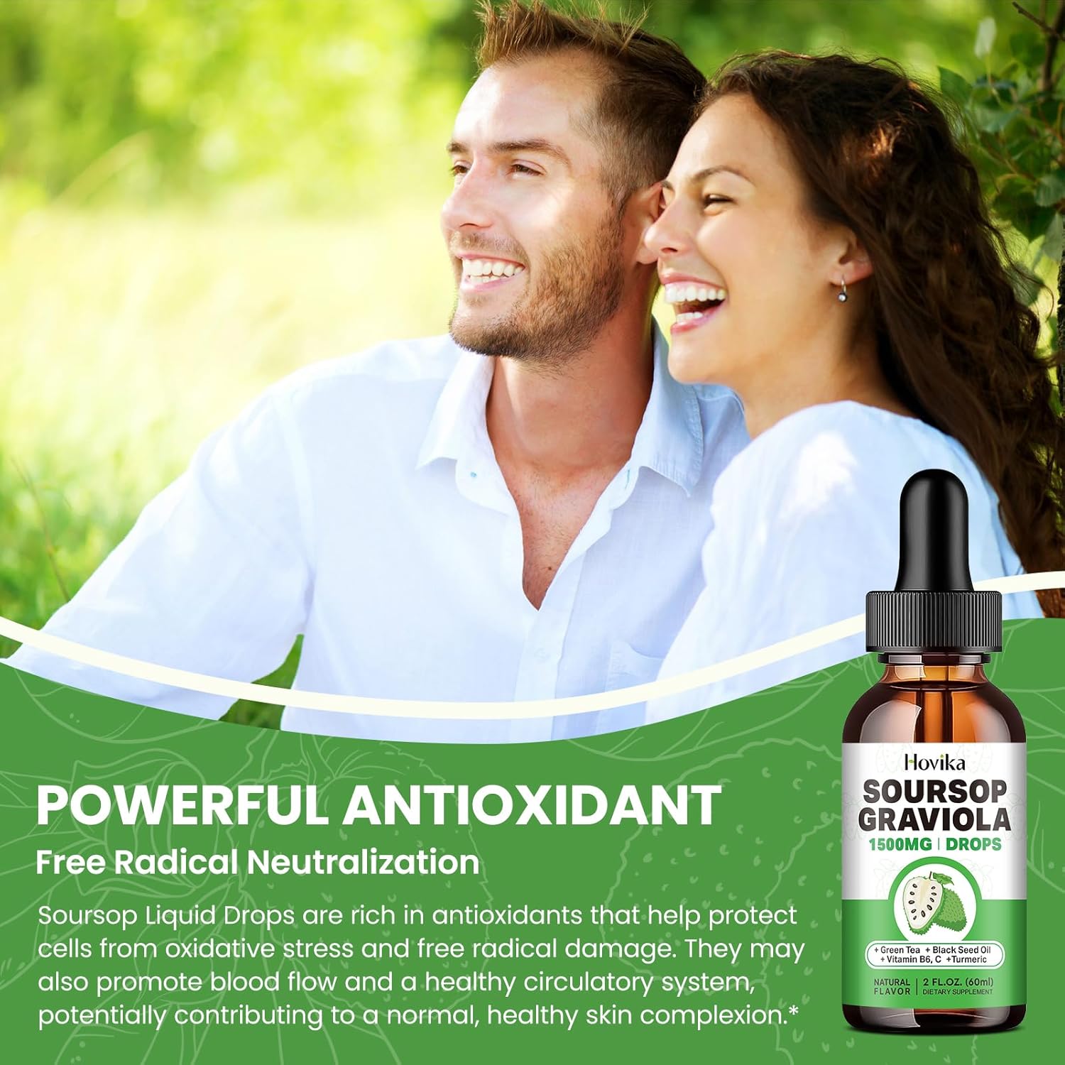Soursop Graviola Liquid Drops 1500mg with Green Tea, Black Seed Oil, Turmeric, Natural-B Flavor 2 Fl Oz U188513