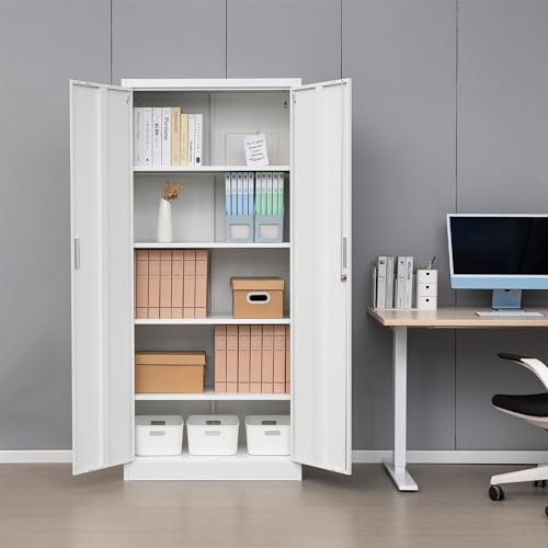 Metal Storage Cabinet with 2 Doors and 5 Adjustable Shelves, 71” White Locking Steel Tool Cabinet B7727