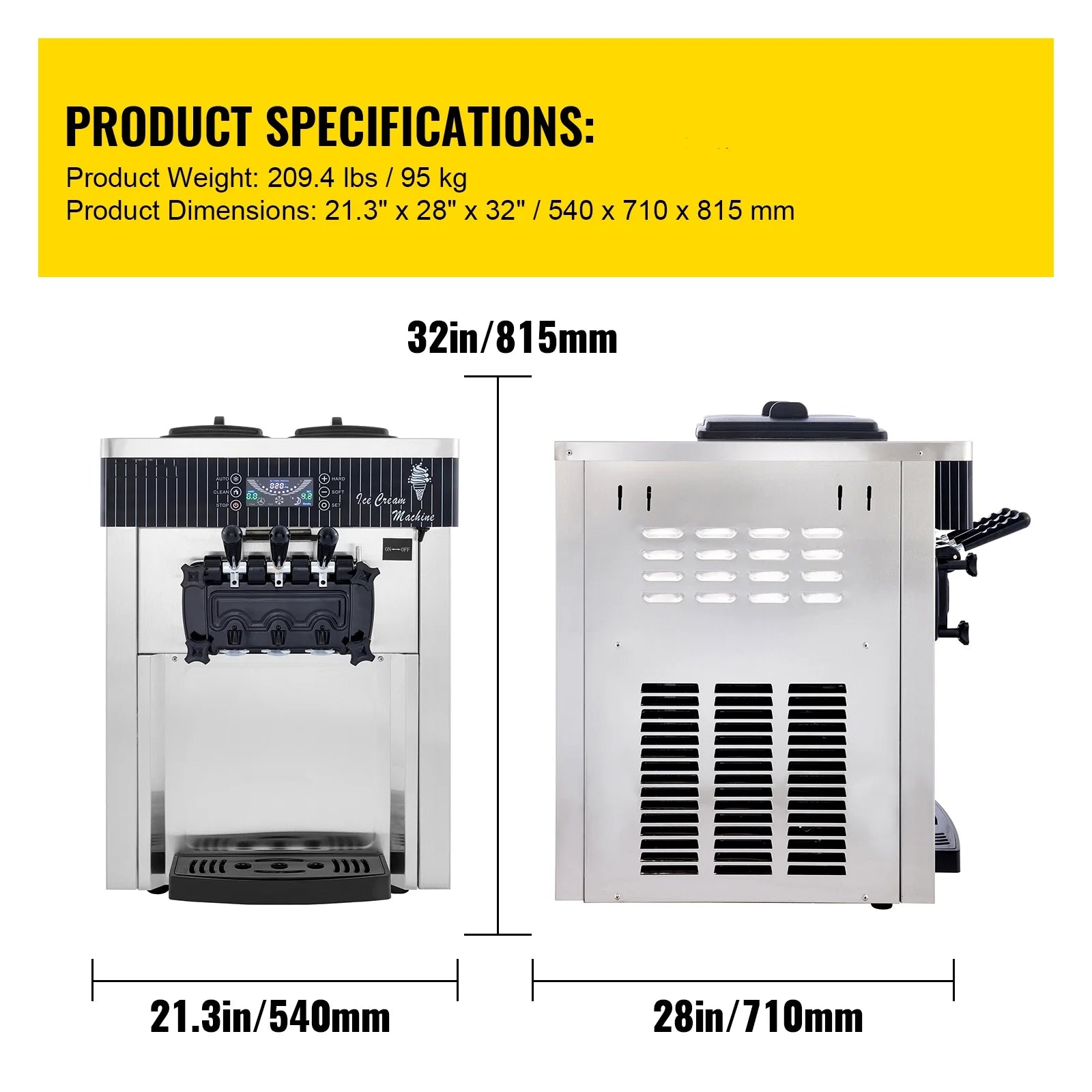 Commercial Ice Cream Machine 20-28L/H Soft Serve 3 Flavors 2200W Silver N9205