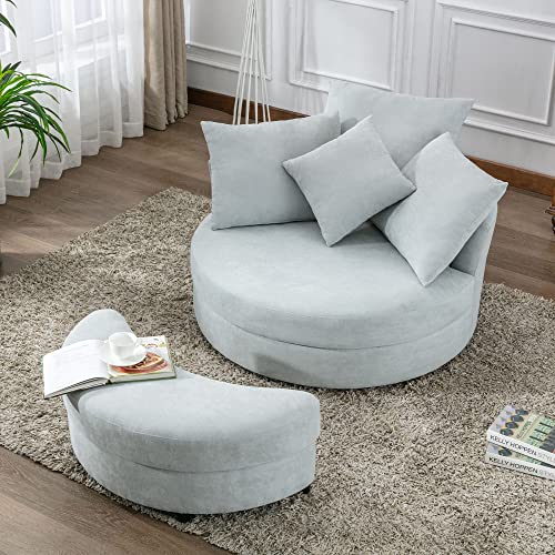 Oversized Beige Corduroy Swivel Accent Barrel Chair with Storage Ottoman and 4 Pillows Z728