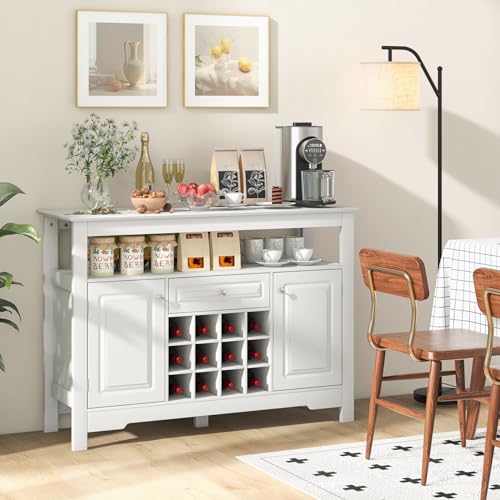White Bar Cabinet with 12-Bottle Removable Wine Rack, 2 Doors & Drawer S925