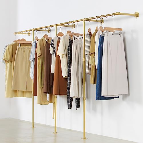 Gold Wall Mounted Clothing Rack with 2 Wooden Shelves A27943