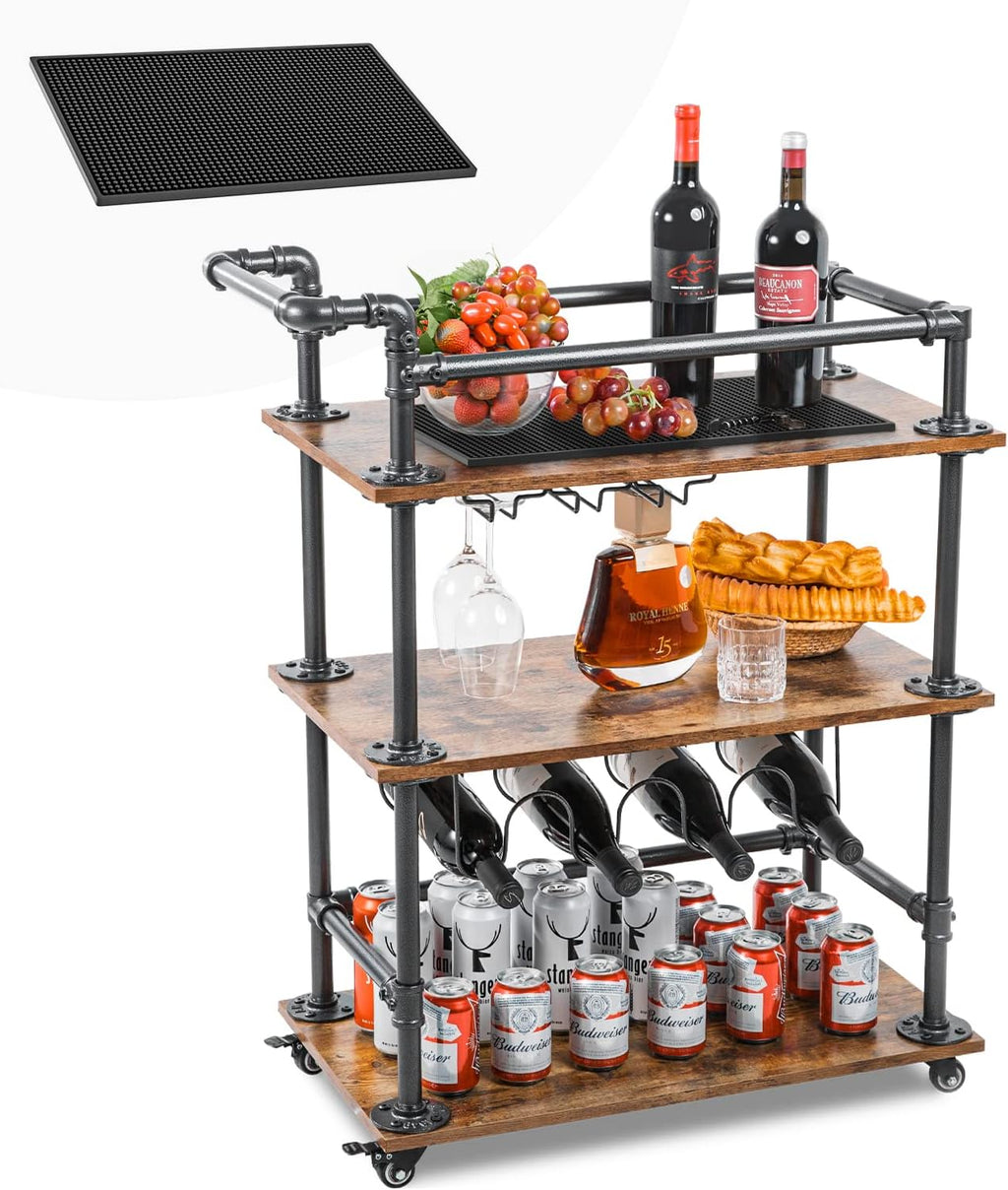 3-Tier Bar Serving Cart with Wheels and Lockable Casters T7448