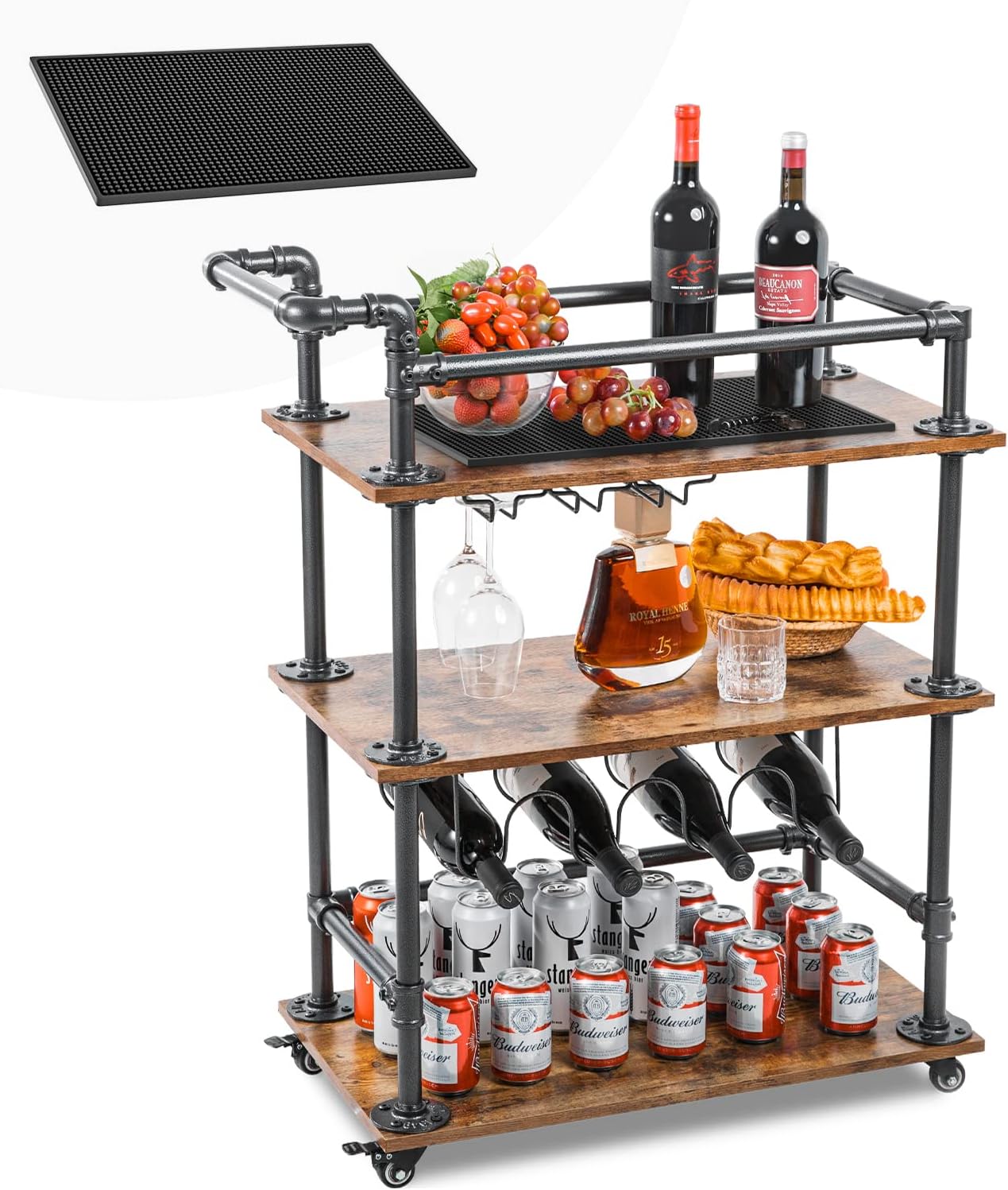 3-Tier Bar Serving Cart with Wheels and Lockable Casters T7448