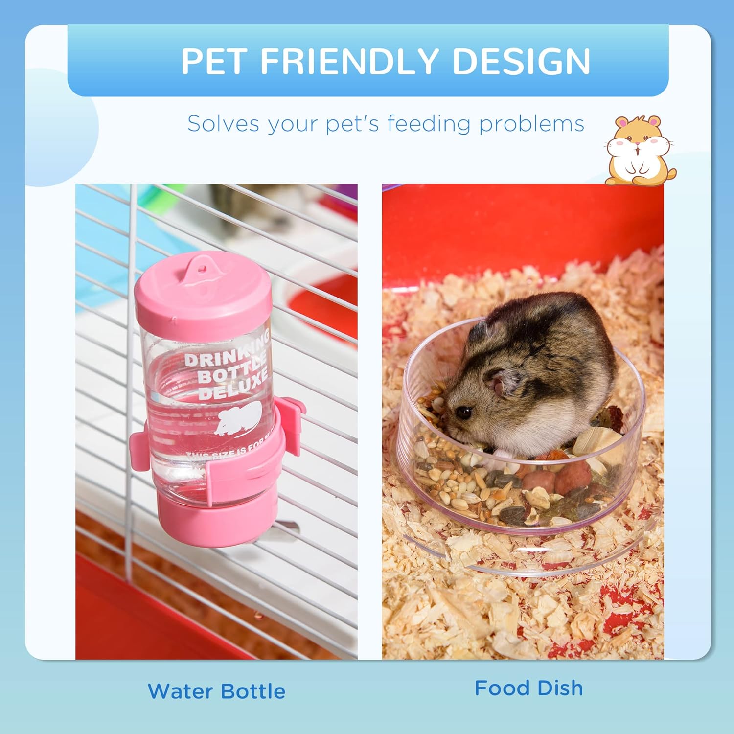 Large 2-Level Steel Hamster Cage with Tubes and Tunnels, Includes Exercise Wheel, Water Bottle, Food Dish, 23" x 14" x 14", Red I723