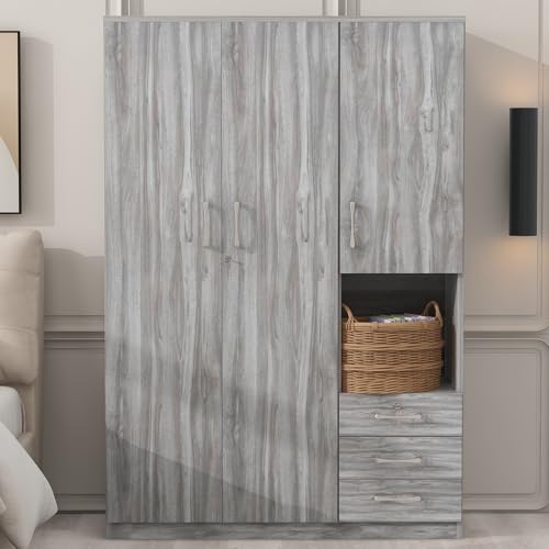 Grey 3 Door Wooden Wardrobe Closet Organizer with Drawers and Hanging Rail C2101