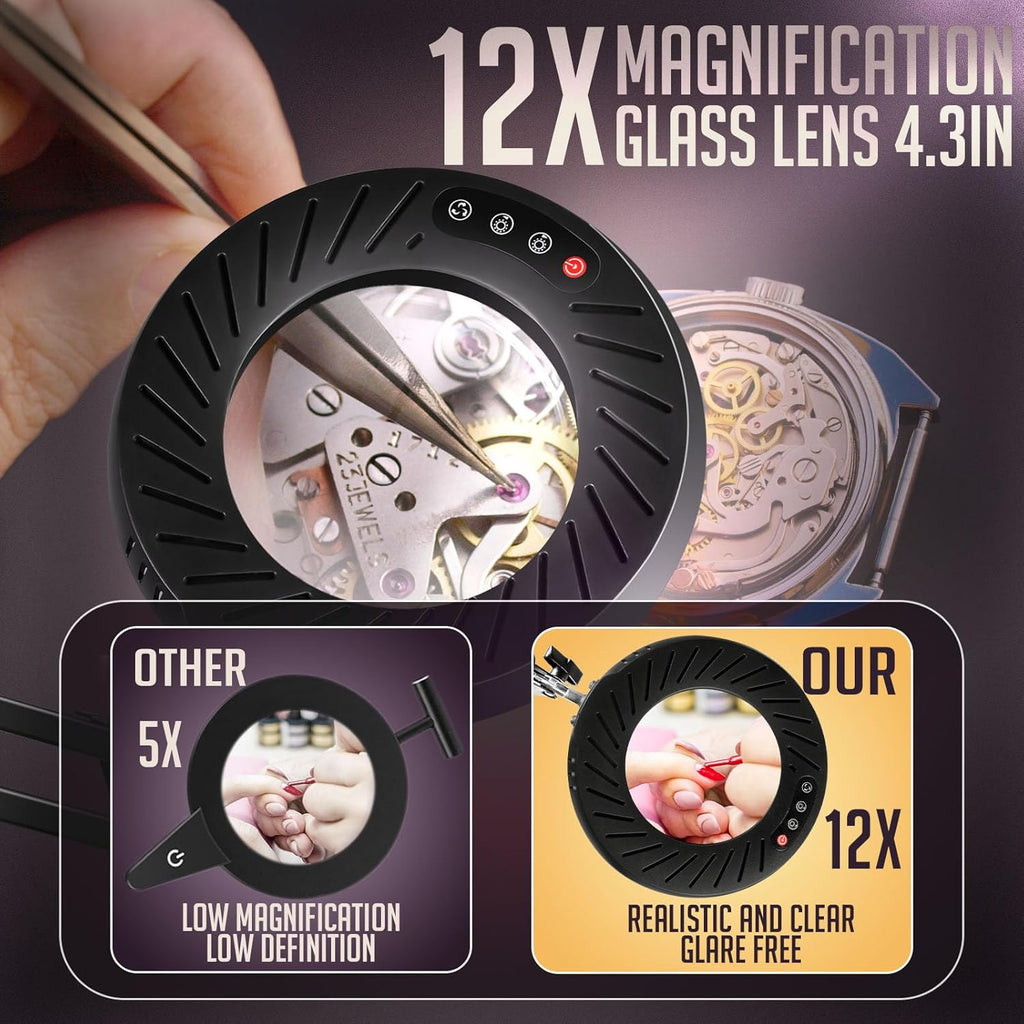 12X Magnifying Glass with Light and Stand, 5 Color Modes Stepless Dimmable LED Desk Lamp with Clamp, Hands Free Flexible Magnifier L6592