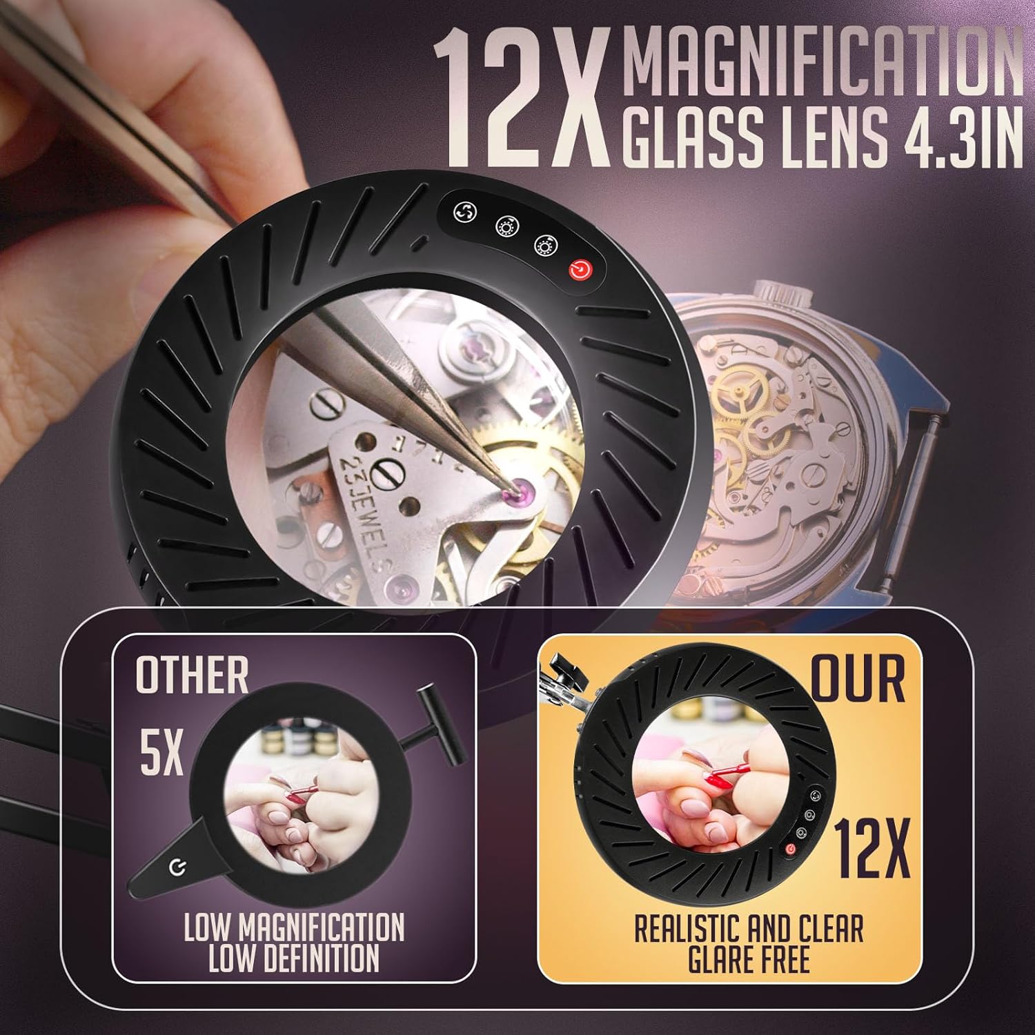 12X Magnifying Glass with Light and Stand, 5 Color Modes Stepless Dimmable LED Desk Lamp with Clamp, Hands Free Flexible Magnifier L6592