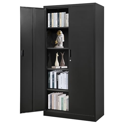 Metal Storage Cabinet with 2 Doors and 5 Adjustable Shelves, 71” White Locking Steel Tool Cabinet B7727