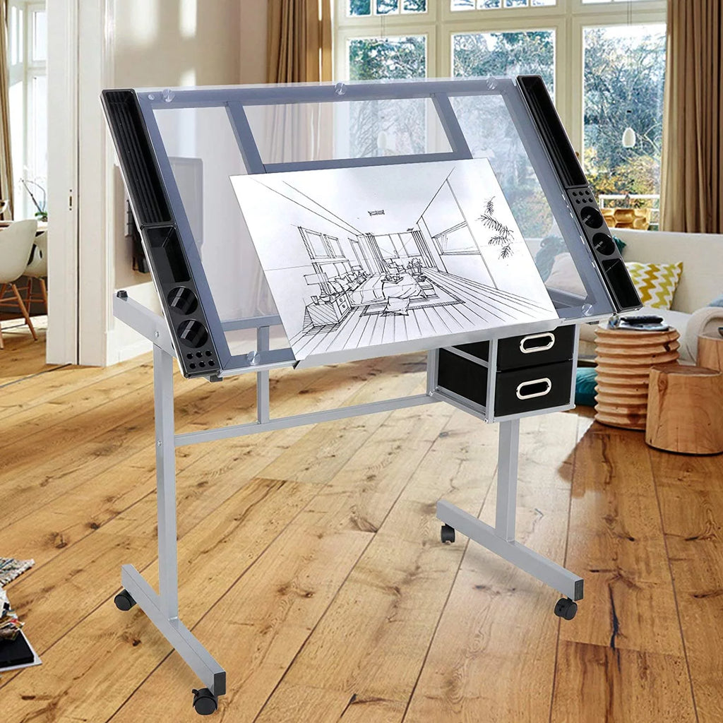 Adjustable Glass Tabletop Drawing Desk with 2 Slide Drawers and Wheels Z519611