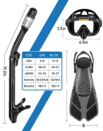 4 in 1 Snorkel Set with Panoramic View Diving Mask, Dry Top Snorkel, Fins and Travel Bag E8015
