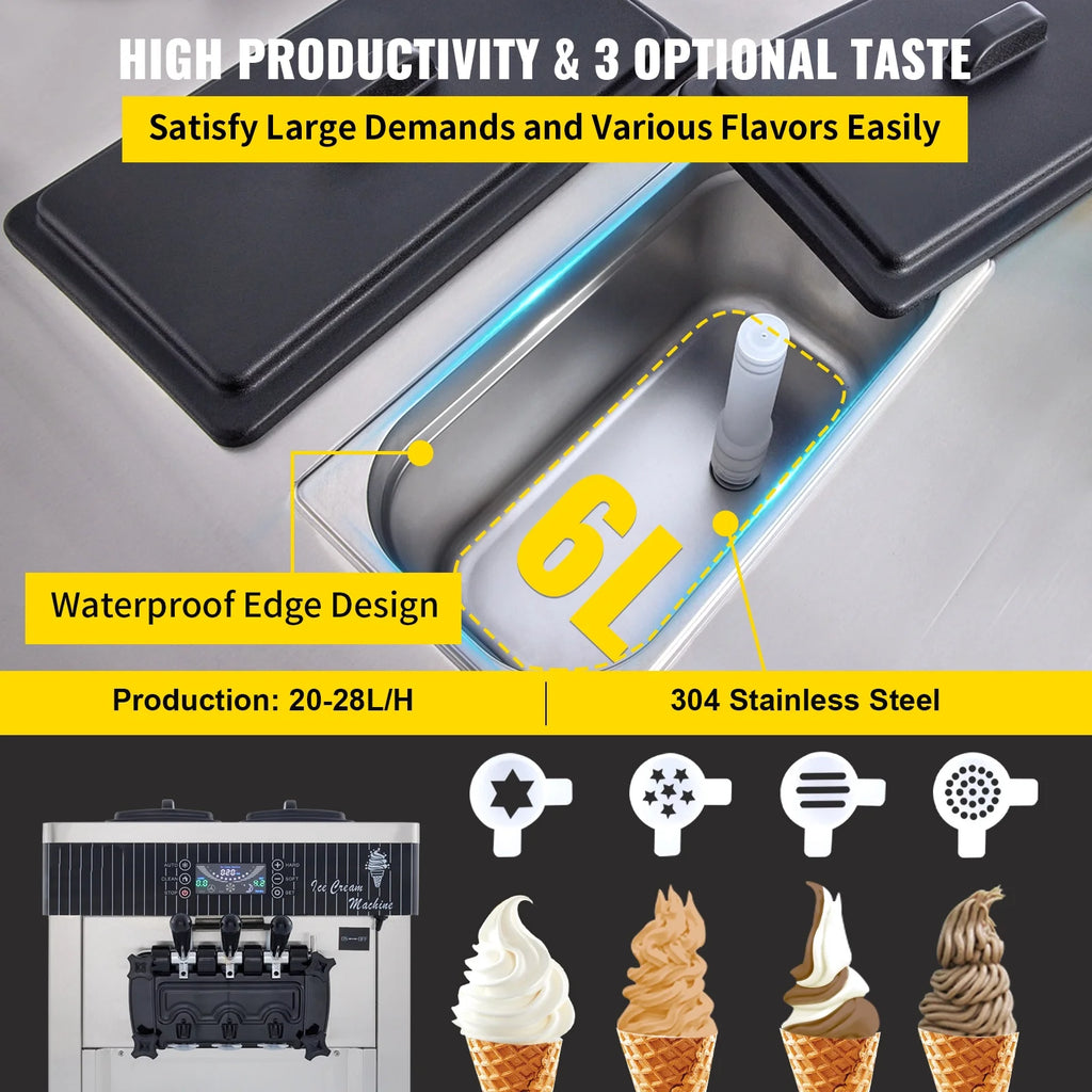 Commercial Ice Cream Machine 20-28L/H Soft Serve 3 Flavors 2200W Silver N9205