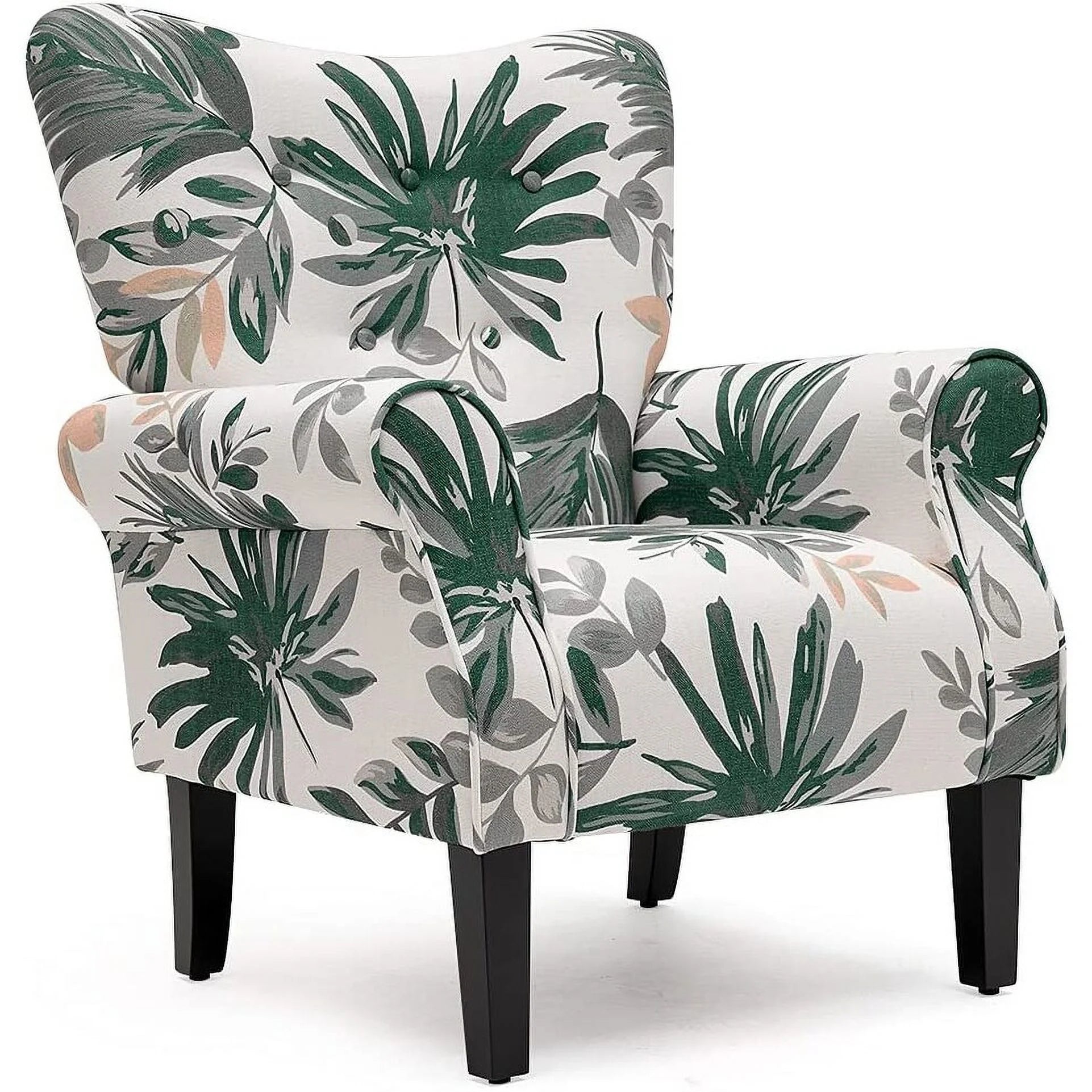 Green Floral Upholstered Fabric Wing Back Arm Chair with Wood Legs N117413