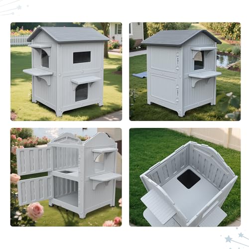 Grey Plastic 2 Story Elevated Cat Shelter with Escape Door P4525